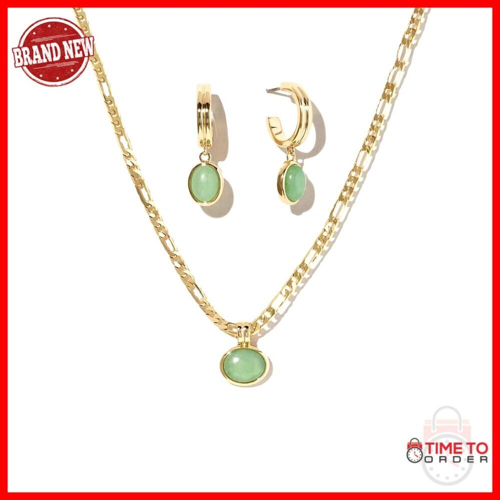 18K Gold Plated Aventurine Jade Jewelry Set, Adjustable Necklace, Hoop Earrings